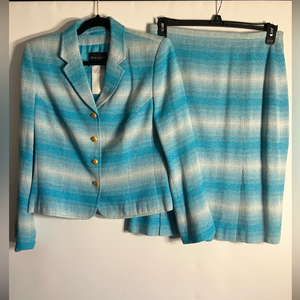 Rena Lange Aqua Blue and White Striped Skirt Set